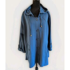 Christian Siriano Womens 3X Stretch Hooded Swing Jacket Blue Button Up Coat EUC